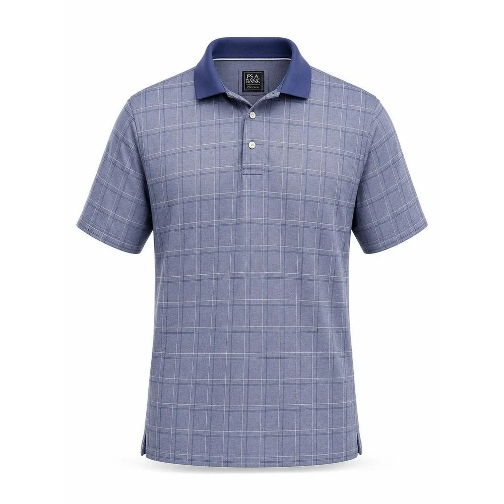 Jos A Bank Traveler Polo Shirt Mens Medium Blue Windowpane Check Short‎ Sleeve